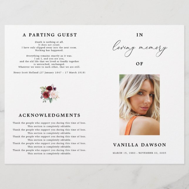 Blommigt Burgundy Firande of Life Programme (Framsida)