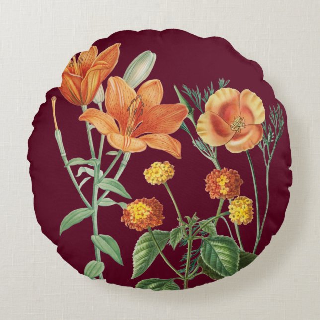 Blommigt Burgundy för höstfärgens Orange Rund Kudde (Framsidan)