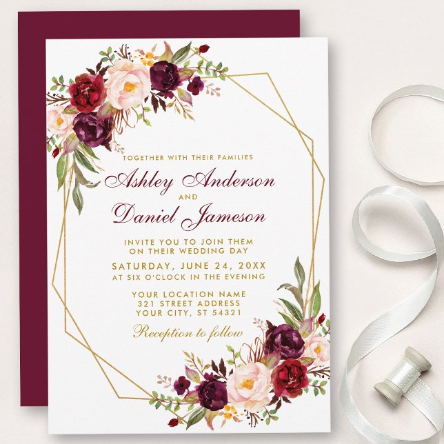Blommigt Burgundy Geometric Guld Ram Bröllop Inbjudningar (Customize to change text color, style, add text & photos to back or change color of back of card.)