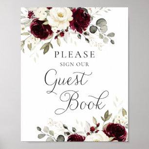 Blommigt Burgundy Greenery Bröllop Guest Bok Poster