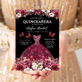 Blommigt Burgundy Guld Bilingual Spain Quinceanera Inbjudningar