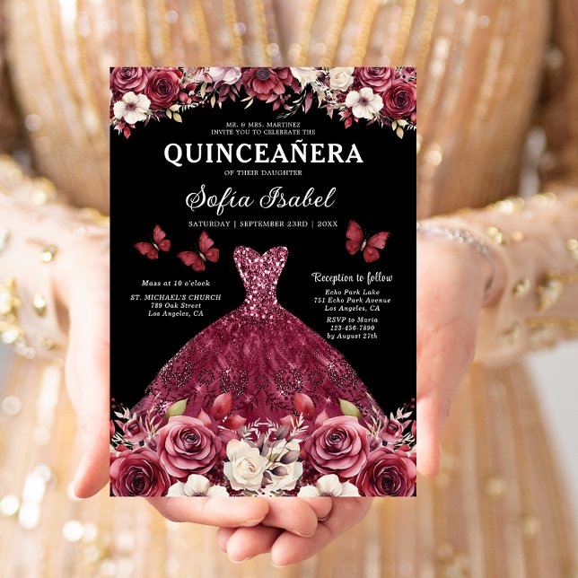 Blommigt Burgundy Guld Bilingual Spain Quinceanera Inbjudningar (Skapare uppladdad)