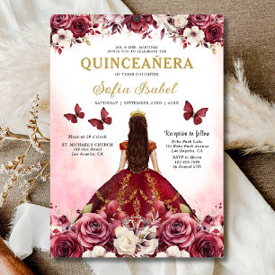 Blommigt Burgundy Guld Bilingual Spain Quinceanera Inbjudningar