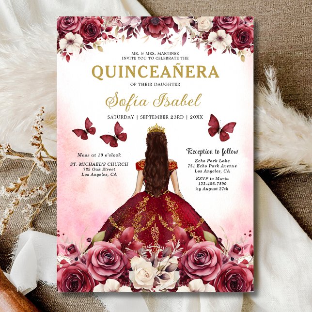 Blommigt Burgundy Guld Bilingual Spain Quinceanera Inbjudningar (Skapare uppladdad)