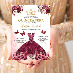 Blommigt Burgundy Guld Bilingual Spain Quinceanera Inbjudningar