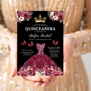 Blommigt Burgundy Guld Bilingual Spain Quinceanera Inbjudningar