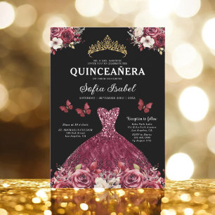 Blommigt Burgundy Guld Bilingual Spain Quinceanera Inbjudningar