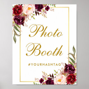 Blommigt Burgundy Guld Bröllop Photo Booth Poster