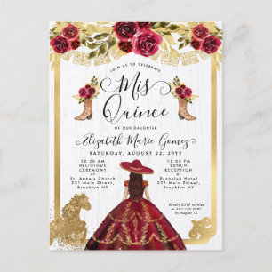 Blommigt Burgundy Guld Charra Princess Quinceanera Inbjudan Vykort