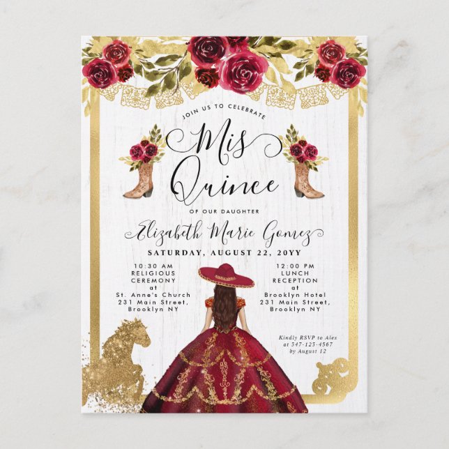 Blommigt Burgundy Guld Charra Princess Quinceanera Inbjudan Vykort (Framsida)