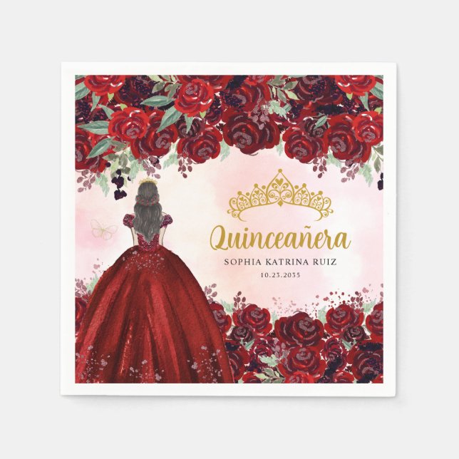 Blommigt Burgundy Guld Dress Princess Quinceanera Pappersservett (Framsidan)