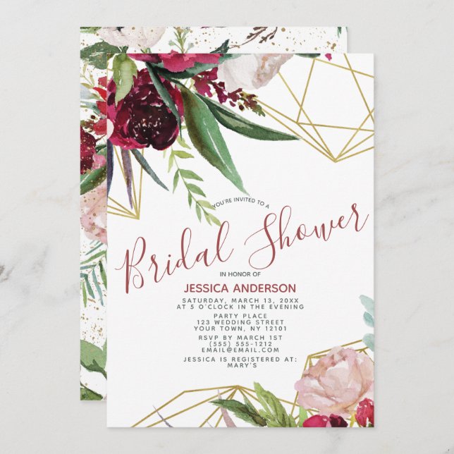 Blommigt Burgundy Guld Geometric Möhippa Inbjudningar (Fram/baksida)