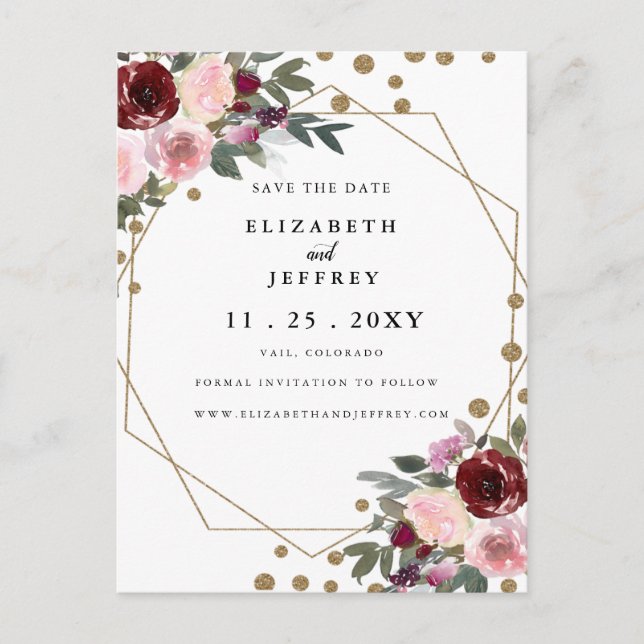 Blommigt Burgundy Guld Geometric Save Date Meddelande Vykort (Framsida)