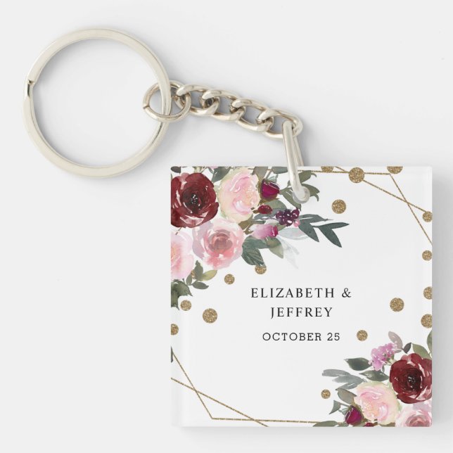 Blommigt Burgundy Guld Glitter Geometric Bröllop (Framsidan)