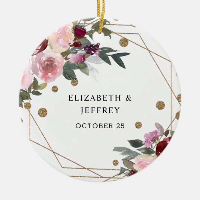 Blommigt Burgundy Guld Glitter Geometric Bröllop Julgransprydnad Keramik (Framsidan)