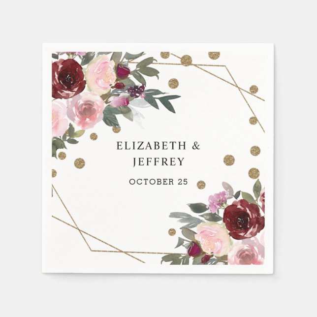 Blommigt Burgundy Guld Glitter Geometric Bröllop Pappersservett (Framsidan)