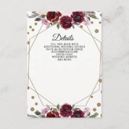 Blommigt Burgundy Guld Glitter Geometric Bröllop Tilläggskort