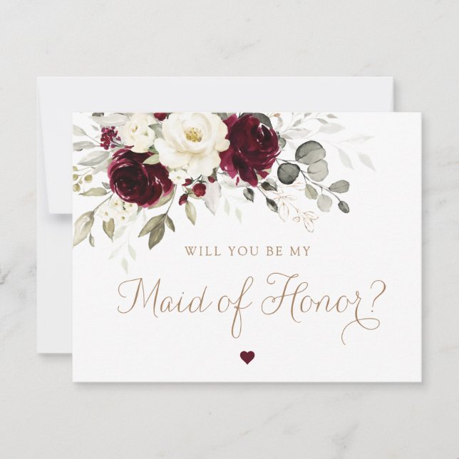 Blommigt Burgundy Guld Greenery Maid of honor Card Inbjudningar (Framsida)