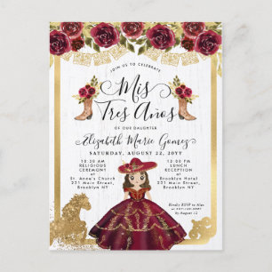 Blommigt Burgundy Guld Mini Princess Quinceanera Inbjudan Vykort