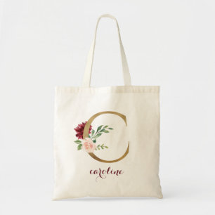 Blommigt Burgundy Guld Monogram Brev C Tygkasse