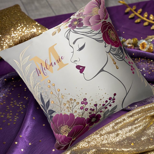 blommigt burgundy guld monogram kudde (Skapare uppladdad)