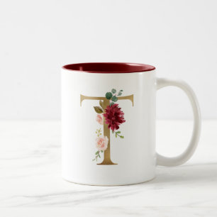 Blommigt Burgundy Guld Monogram Personlig Två-Tonad Mugg