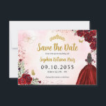 Blommigt Burgundy Guld Princess Birthday Quinceane Spara Datumet<br><div class="desc">Blommigt Burgundy Red Maroon Guld Princess Gown Dress Glitter Gnistra Tiara Krona Butterfly 15:e födelsedag Quinceanera Spara datum</div>