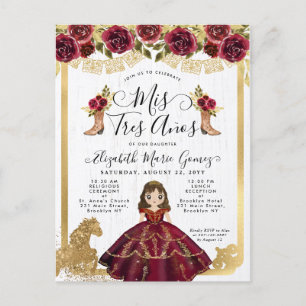 Blommigt Burgundy Guld Princess Mis 3 Años Birthda Inbjudan Vykort