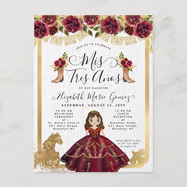 Blommigt Burgundy Guld Princess Mis 3 Años Birthda Inbjudan Vykort (Framsida)