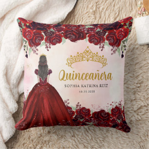 Blommigt Burgundy Guld Princess Tiara Quinceanera Kudde