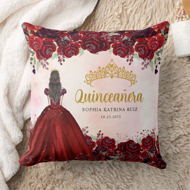 Blommigt Burgundy Guld Princess Tiara Quinceanera Kudde (Filt)
