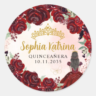 Blommigt Burgundy Guld Quinceanera Birthday Favor Runt Klistermärke