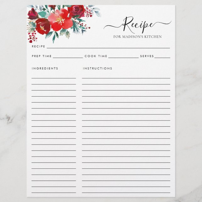 Blommigt Burgundy Holly Löv Helgdag Kitchen Recipe (Framsida)