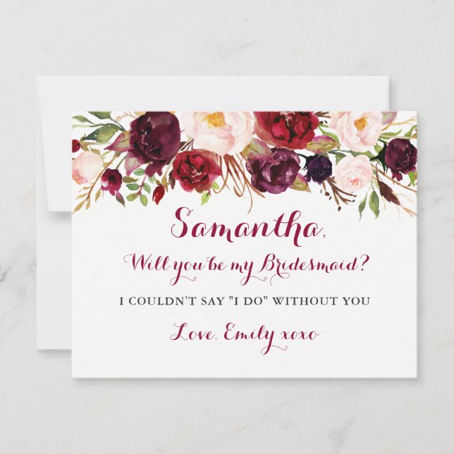 Blommigt Burgundy kommer att bli mitt Bridesmaid-k Inbjudningar (Framsida)