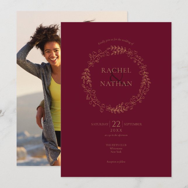 Blommigt Burgundy Laurel Garland Photo Bröllop Inbjudningar (Fram/baksida)