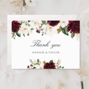 Blommigt Burgundy Magnolia Greenery Elegant bröllo Tack Kort