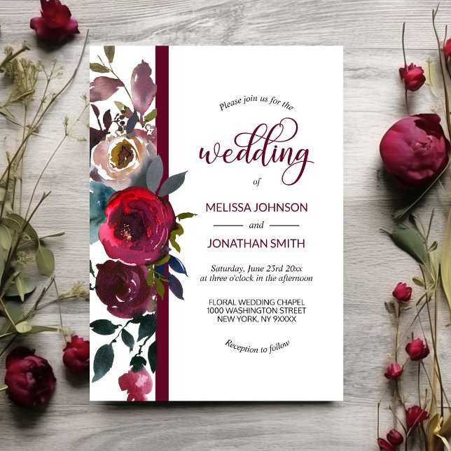 Blommigt Burgundy Marsala Merlot Vin Ro Bröllop Inbjudningar (Floral Burgundy Marsala Merlot Wine Roses Wedding Invitation)