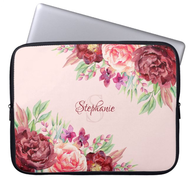 Blommigt Burgundy  Monogram-Personlig Laptop Fodral (Framsidan)