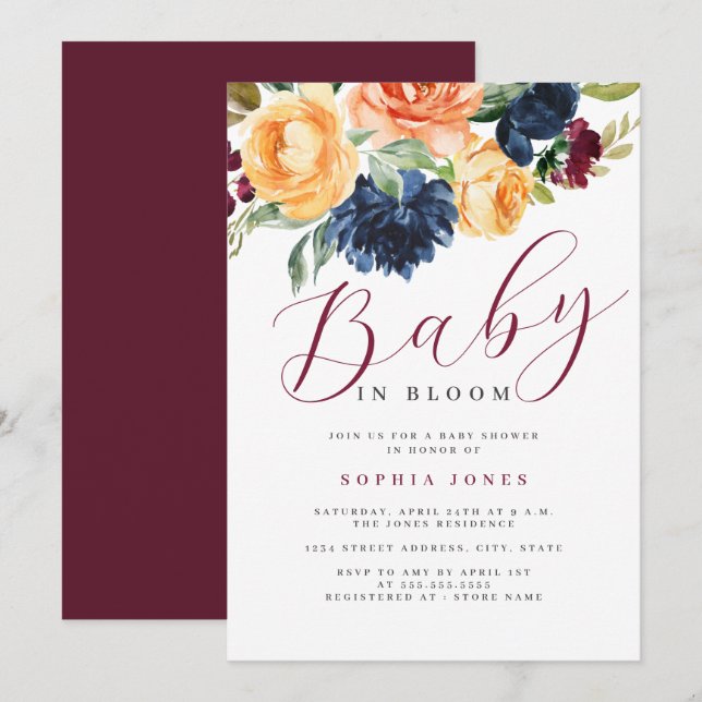 Blommigt Burgundy Navy Baby in Bloom Baby Shower Inbjudningar (Fram/baksida)