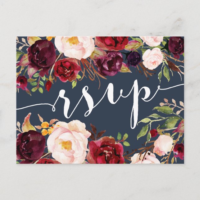 Blommigt Burgundy Navy Bröllop OSA Postcard Inbjudan Vykort (Framsida)