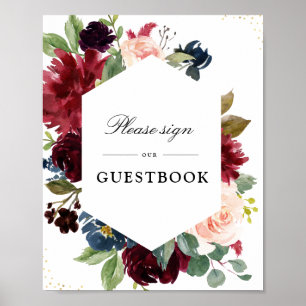 Blommigt Burgundy & Navy Guestbook bröllop Poster