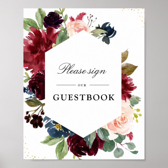 Blommigt Burgundy & Navy Guestbook bröllop Poster (Framsidan)