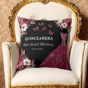 Blommigt Burgundy Princess Quinceanera Birthday Kudde