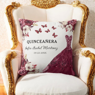 Blommigt Burgundy Princess Quinceanera Birthday Kudde