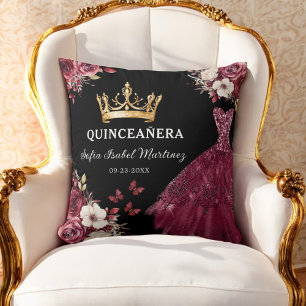 Blommigt Burgundy Princess Quinceanera Birthday Kudde