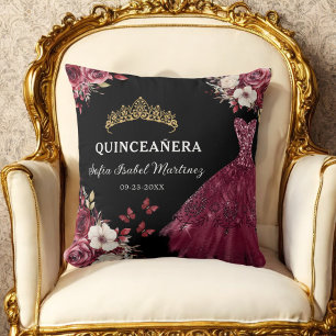 Blommigt Burgundy Princess Quinceanera Birthday Kudde