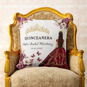 Blommigt Burgundy Princess Quinceanera Birthday Kudde