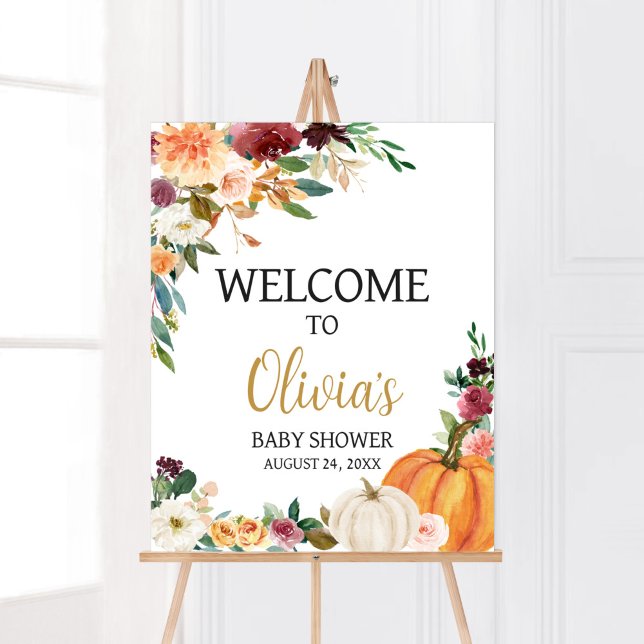 Blommigt Burgundy Pumpkin Baby Shower Välkommen Poster (Pumpkin Baby Shower Welcome Sign)
