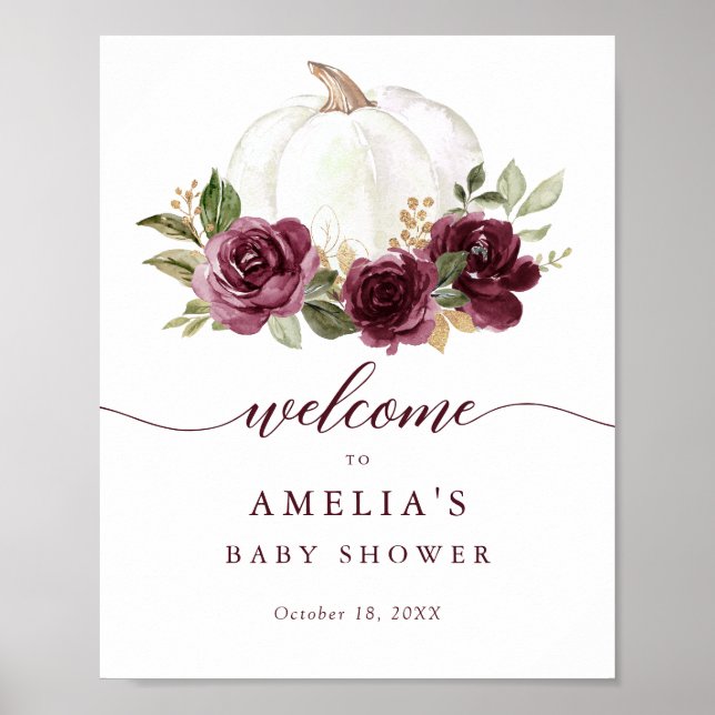 Blommigt Burgundy Pumpkin Baby Shower Välkomstskyl Poster (Framsidan)