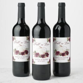 Blommigt Burgundy Pumpkin Fall i Kärlek Bröllop Vinflaska Etikett